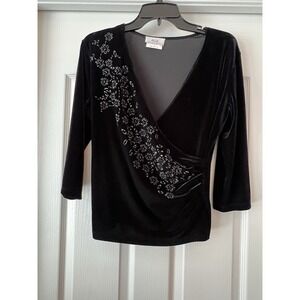 Vintage Y2K Byer California Black Velvet 3/4 Sleeve Top Flowers Size Large Goth